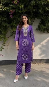 Royal Purple Bandhani Print Kurta Set with Embroidered Neckline