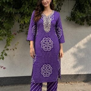 Royal Purple Bandhani Print Kurta Set with Embroidered Neckline