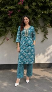 Teal Blue Printed Cotton Kurta with Straight Pants Co-ord Set for Women