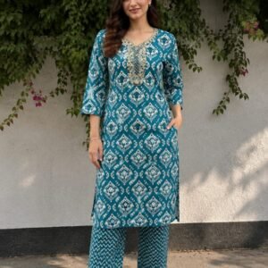 Teal Blue Printed Cotton Kurta with Straight Pants Co-ord Set for Women