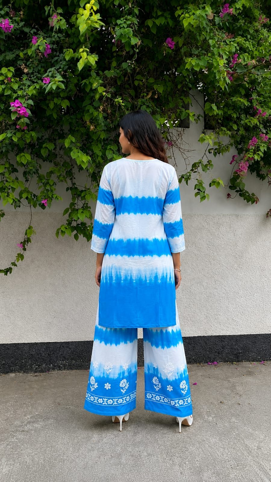 Sky Blue & White Tie-Dye Cotton Kurta with Palazzo Pants Co-ord Set for Women - Image 2