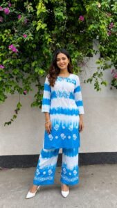 Sky Blue & White Tie-Dye Cotton Kurta with Palazzo Pants Co-ord Set for Women