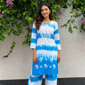 Sky Blue & White Tie-Dye Cotton Kurta with Palazzo Pants Co-ord Set for Women