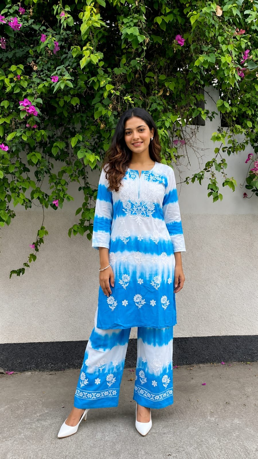 Sky Blue & White Tie-Dye Cotton Kurta with Palazzo Pants Co-ord Set for Women