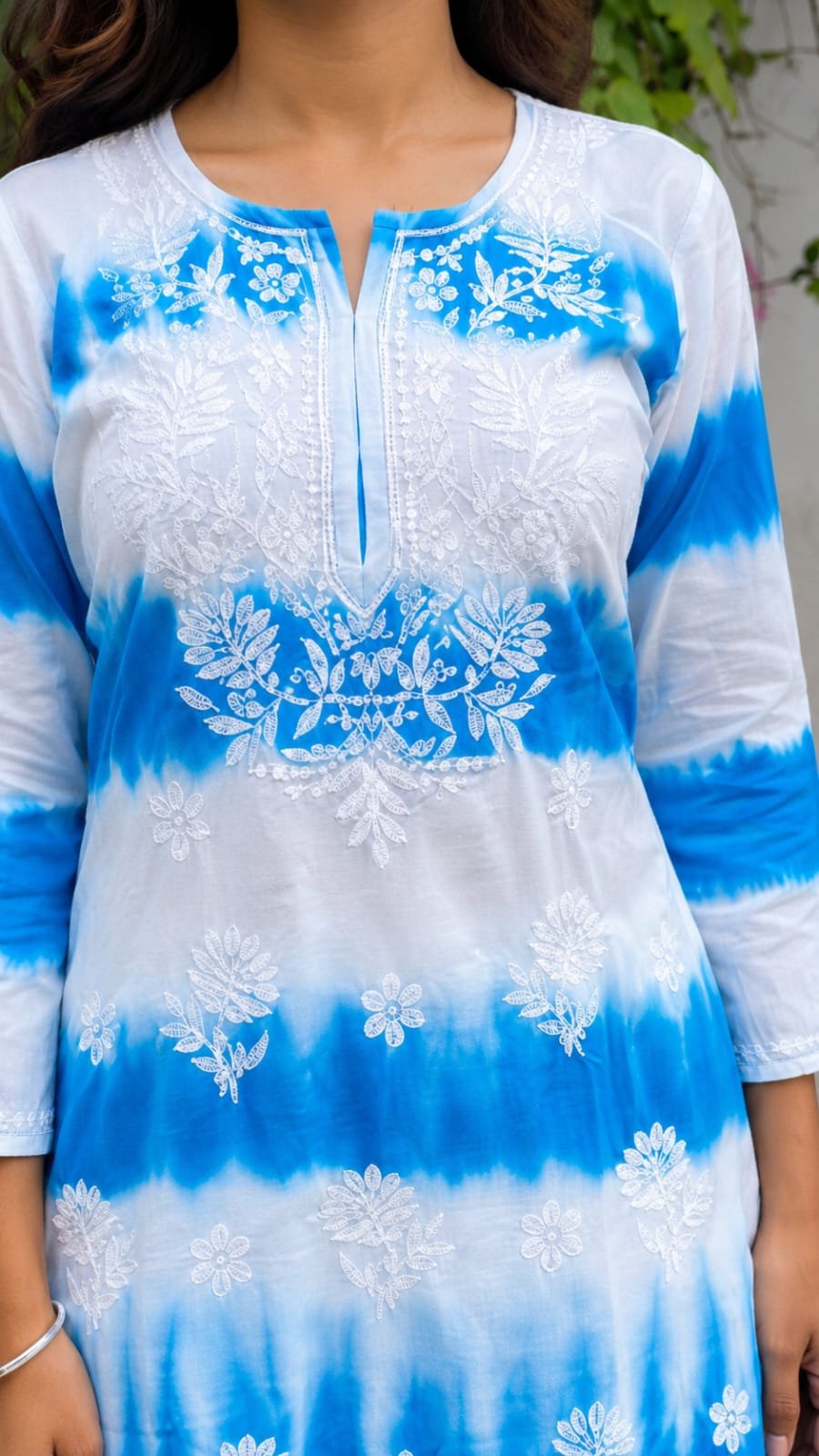 Sky Blue & White Tie-Dye Cotton Kurta with Palazzo Pants Co-ord Set for Women - Image 3