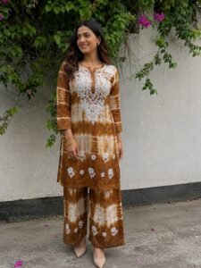 Brown & White Tie-Dye Cotton Kurta with Palazzo Pants Co-ord Set for Women
