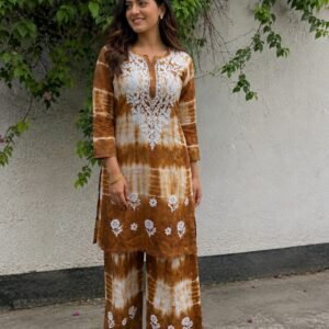 Brown & White Tie-Dye Cotton Kurta with Palazzo Pants Co-ord Set for Women