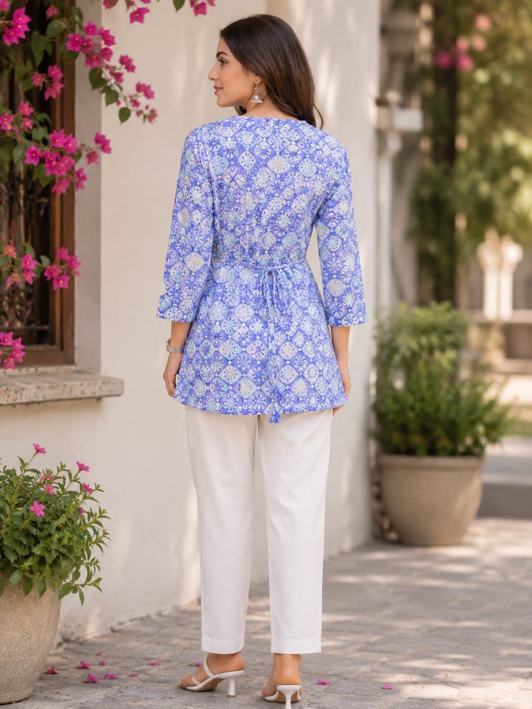 Blue Printed A-Line Kurti with White Straight Pants - Image 2