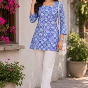 Blue Printed A-Line Kurti with White Straight Pants