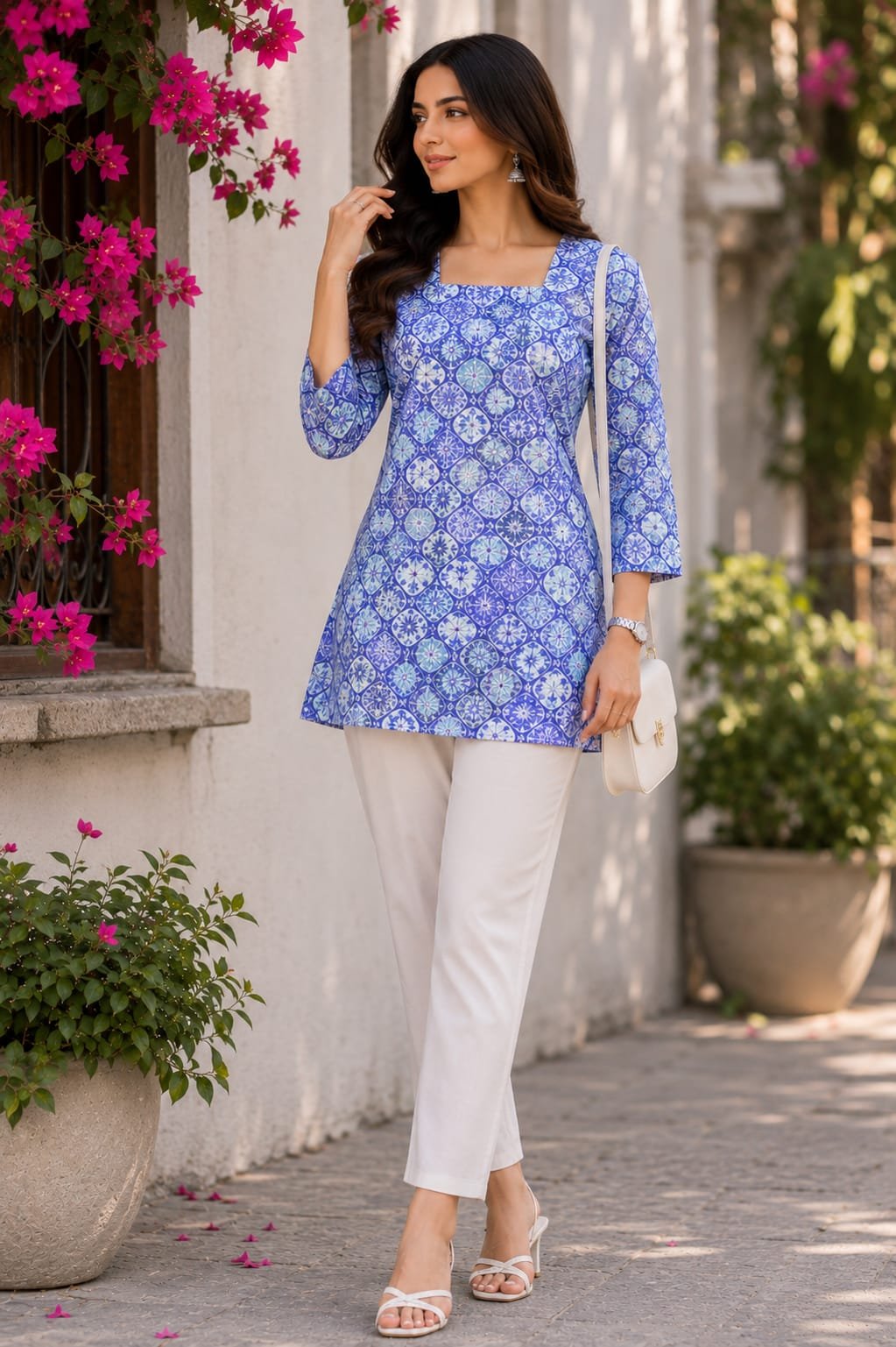Blue Printed A-Line Kurti with White Straight Pants