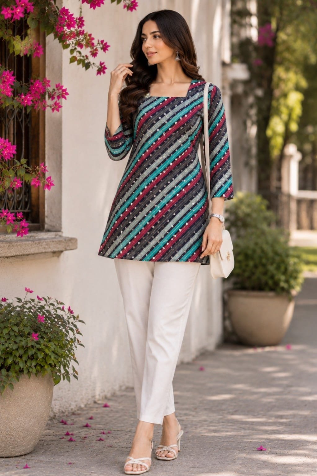 Women's Multicolor Diagonal Stripe Printed Short Kurti