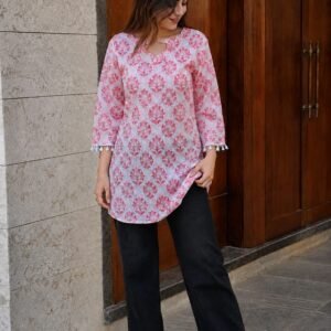 Women's Pink Floral Printed Short Kurti | Casual Cotton Tunic Top for Women