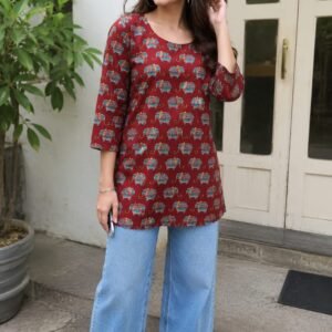 Women's Maroon Elephant Print Short Kurti – Casual Cotton Tunic Top