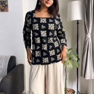 Black & Ivory Floral Printed Short Kurti with Wide-Leg Pants Set