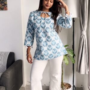 Sky Blue Floral Printed Tie-Up Neck Short Kurti with White Pants