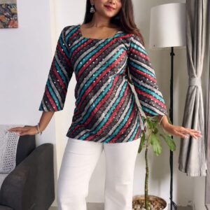 Women's Multicolor Diagonal Stripe Printed Short Kurti