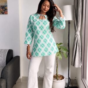 Mint Green Floral Printed Tie-Up Neck Short Kurti