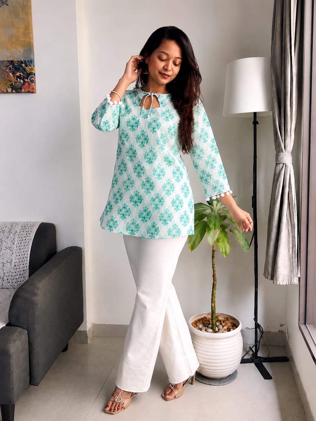Mint Green Floral Printed Tie-Up Neck Short Kurti - Image 2